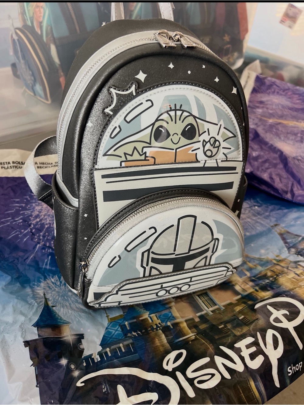 Disney Loungefly Black and Gray The Mandalorian Grogu Mini Backpack